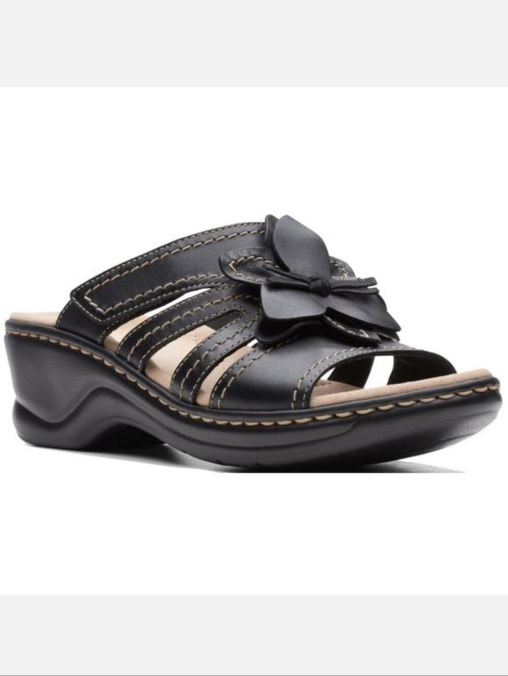 Clarks Lexi Opal Leather Slide Sandals Black Flower Embellished Comfort Wedge 9